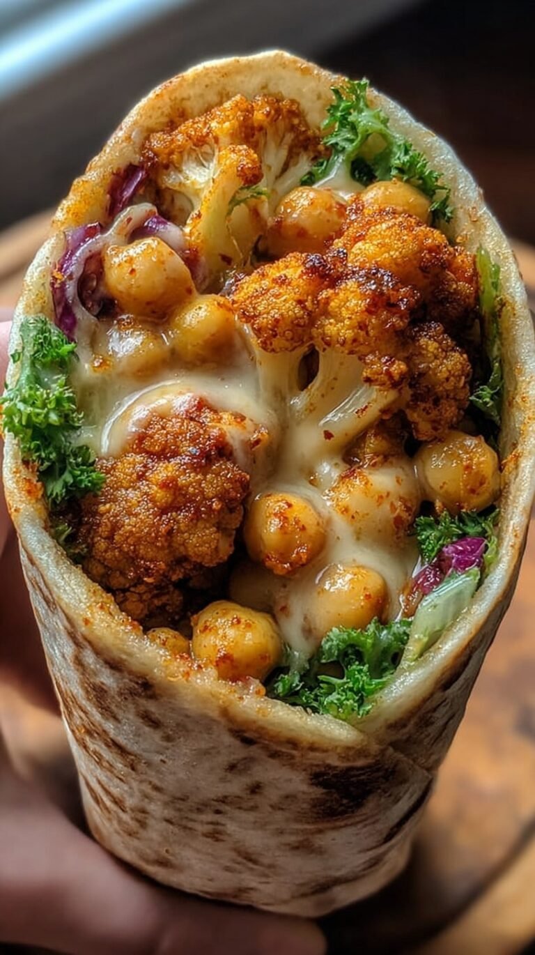 A fresh Chili Lime Chickpea Wrap filled with roasted cauliflower, crunchy chickpeas, and creamy cilantro sauce