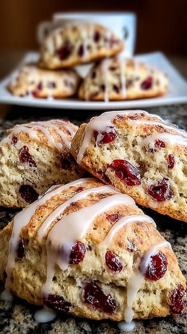Golden brown cranberry orange scones on a baking sheet sprinkled with sugar