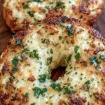 Golden brown garlic-parmesan cottage cheese bagels topped with dried parsley on a baking sheet.