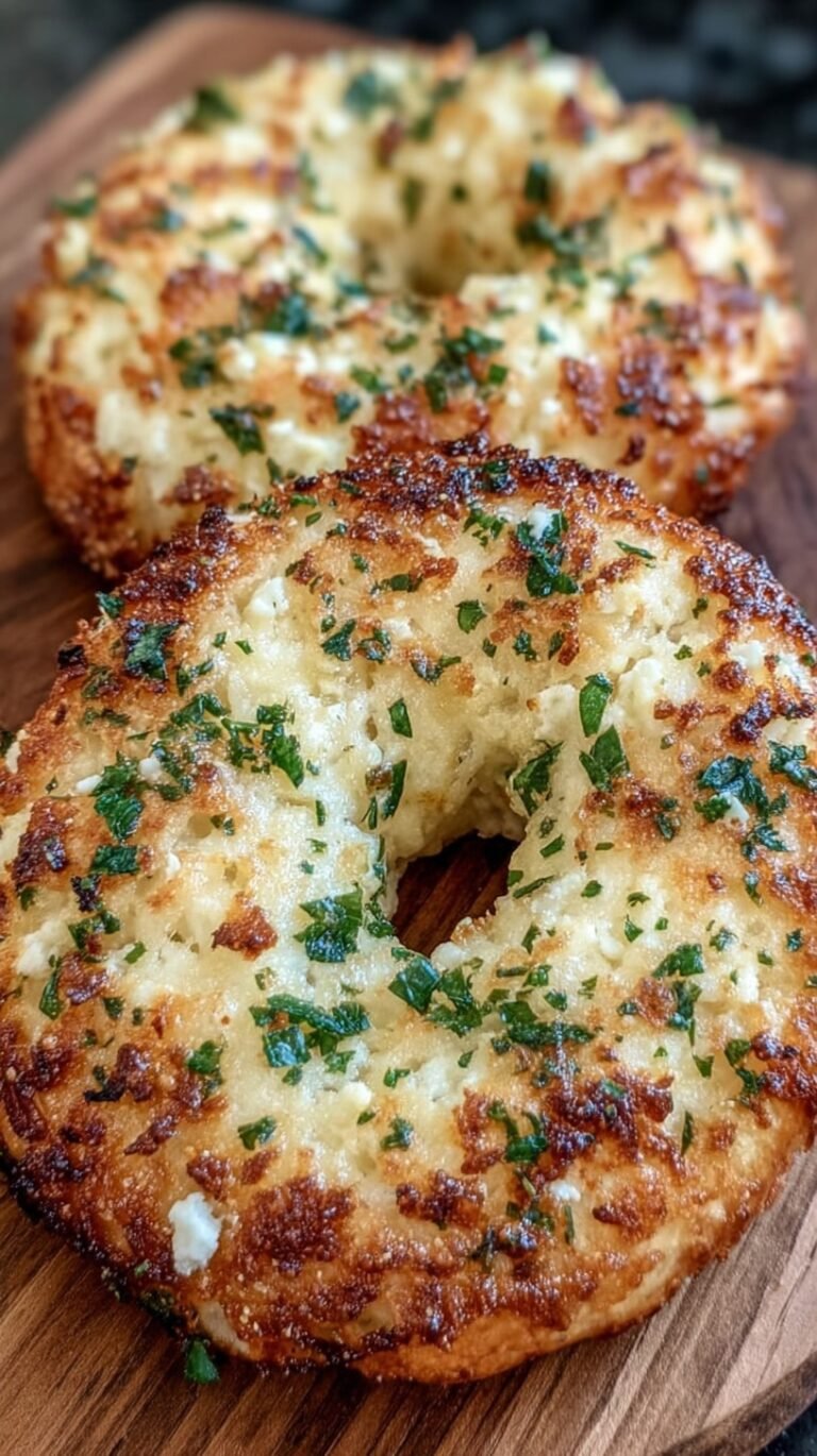 Golden brown garlic-parmesan cottage cheese bagels topped with dried parsley on a baking sheet.