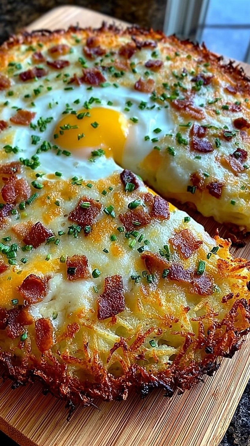 A golden brown breakfast pizza with a shredded potato crust topped with melted cheese, sausage, and eggs.
