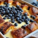 A golden brown blueberry croissant breakfast bake in a white ceramic dish with fresh berries and cream cheese cubes.