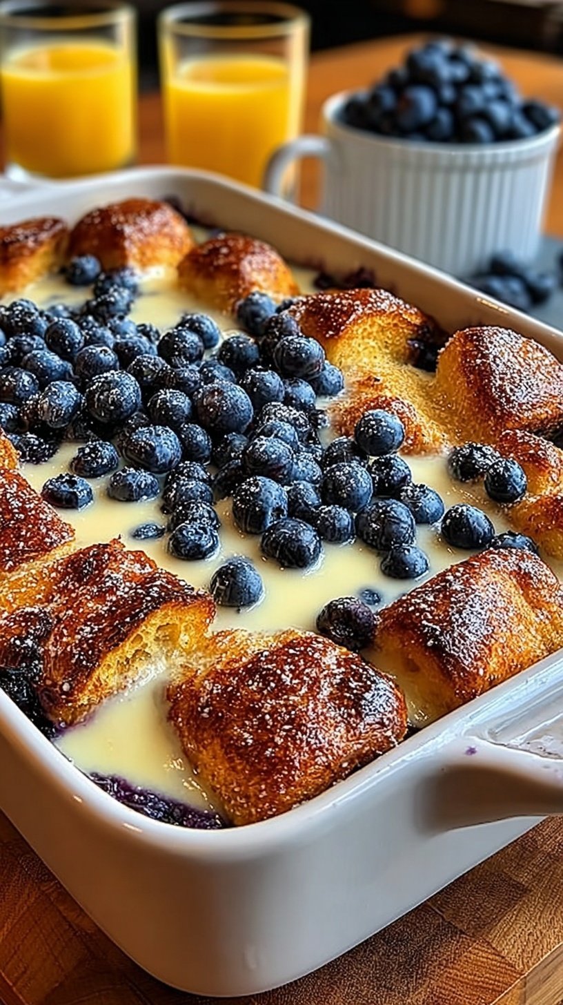 A golden brown blueberry croissant breakfast bake in a white ceramic dish with fresh berries and cream cheese cubes.