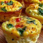 A tray of golden brown fluffy cottage cheese egg muffins with red peppers and chives