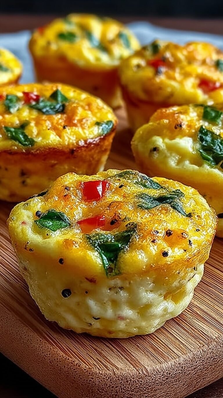 A tray of golden brown fluffy cottage cheese egg muffins with red peppers and chives