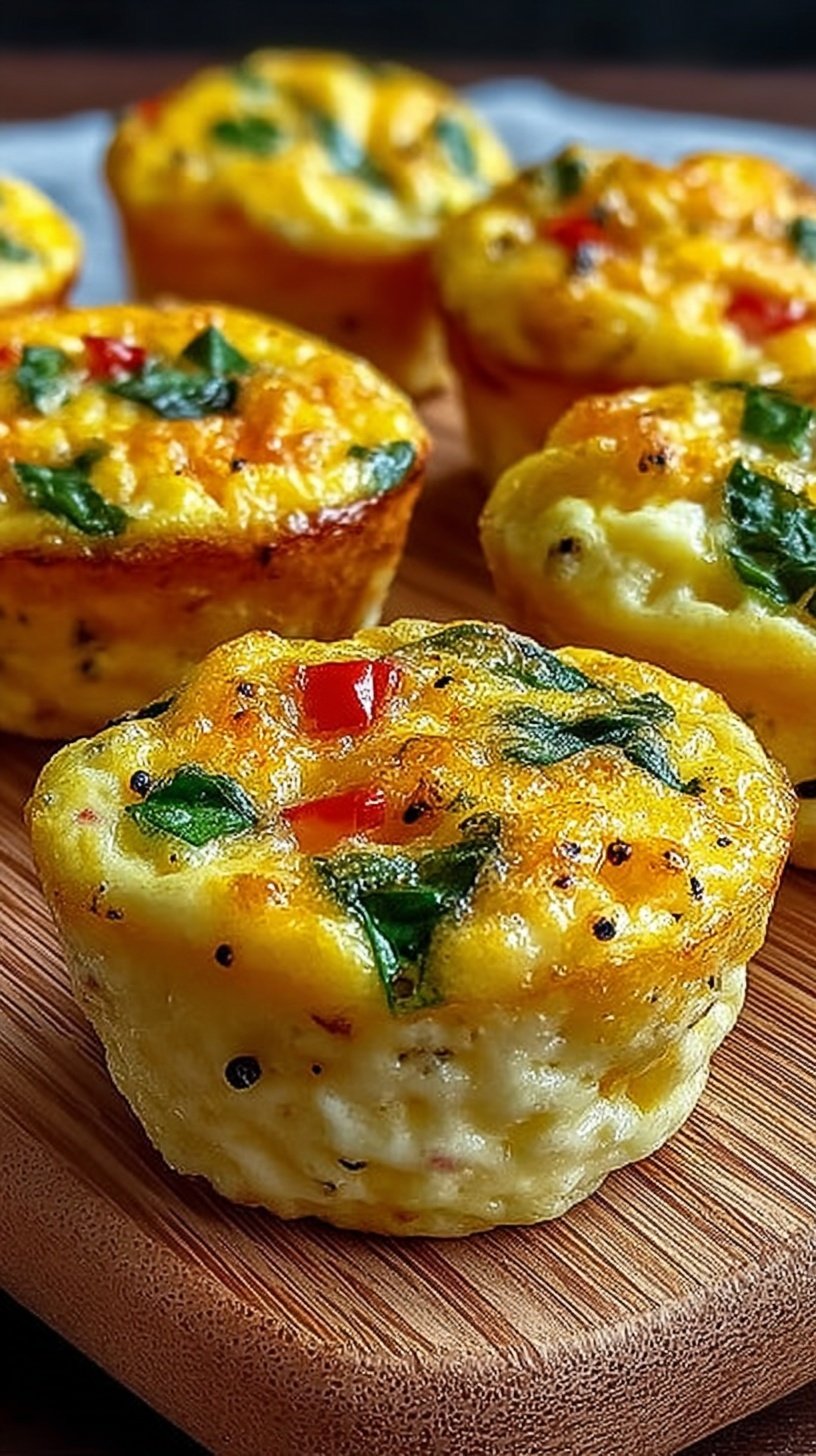 A tray of golden brown fluffy cottage cheese egg muffins with red peppers and chives