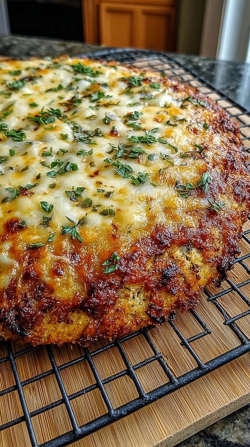 A golden brown cottage cheese pizza crust topped with melted cheese and fresh basil on a baking sheet.