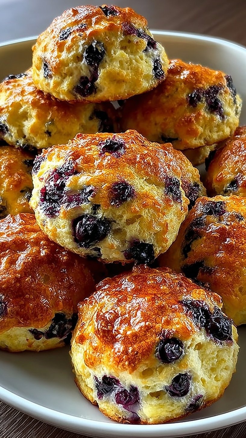 Golden brown blueberry butter swim biscuits in a glass baking dish with melted butter