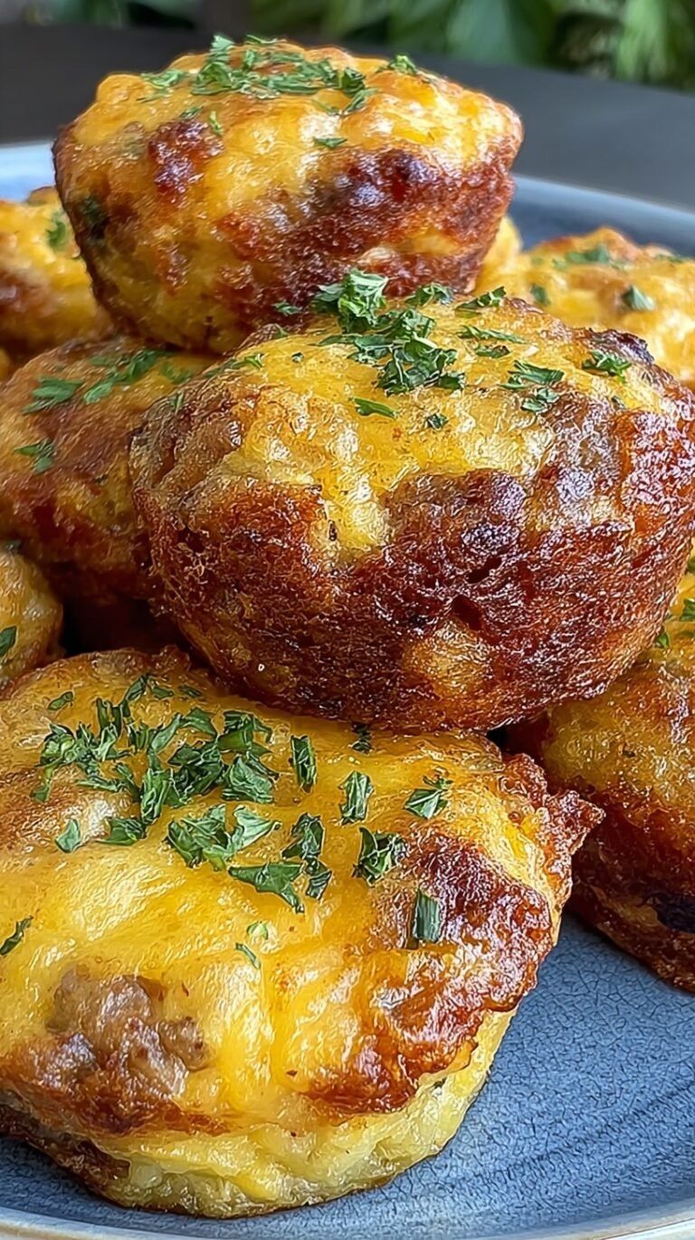 Golden brown hash brown sausage bites in a mini muffin tin with melted cheese and savory sausage crumbles.