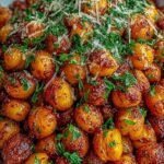 A bowl of golden brown ranch roasted chickpeas on a baking sheet