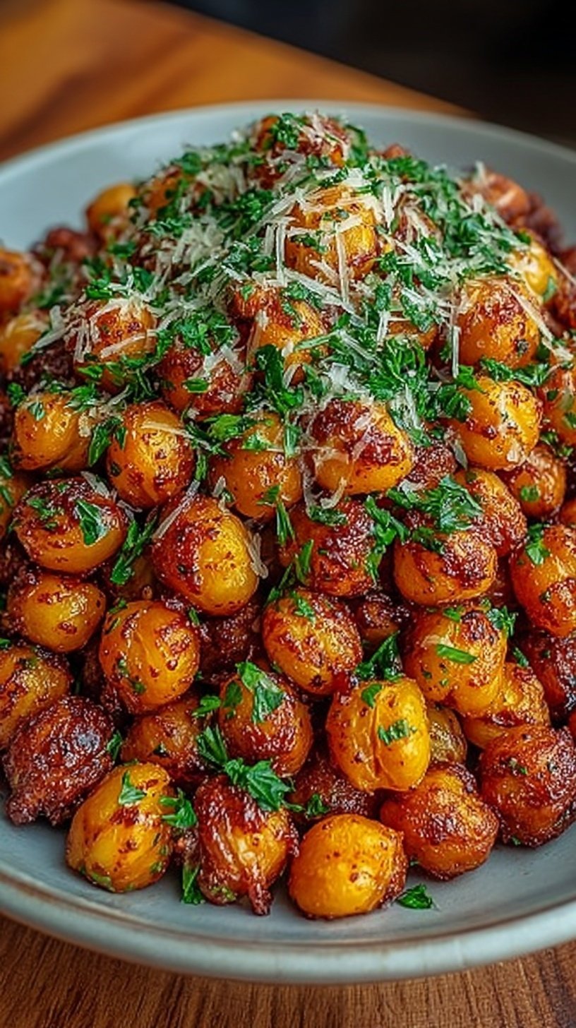 A bowl of golden brown ranch roasted chickpeas on a baking sheet