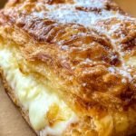 Golden brown puff pastry cheese danish with a creamy sweet filling on a parchment-lined baking sheet.