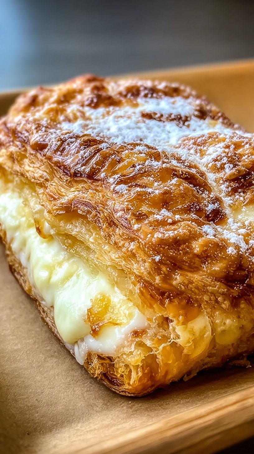 Golden brown puff pastry cheese danish with a creamy sweet filling on a parchment-lined baking sheet.