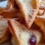 Golden brown fried wontons dusted with powdered sugar and filled with pink raspberry cream cheese.