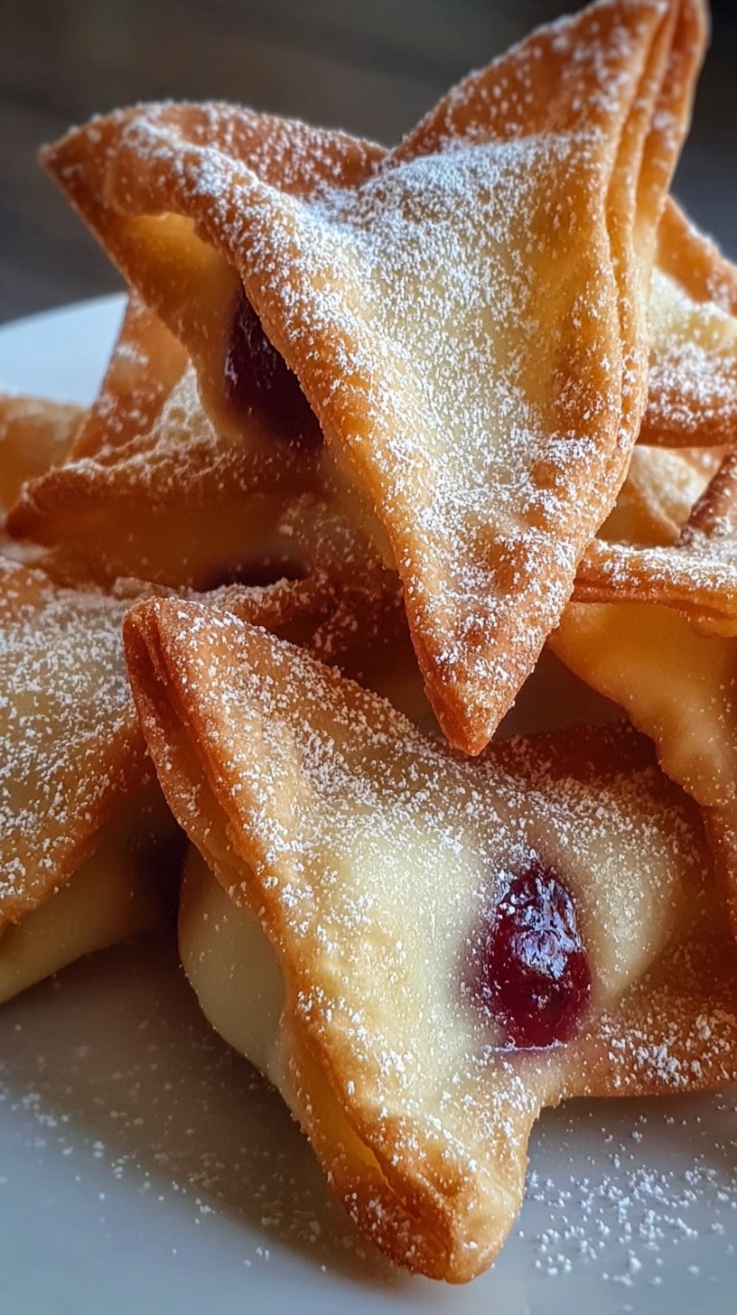 Golden brown fried wontons dusted with powdered sugar and filled with pink raspberry cream cheese.