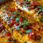 Pan-seared tilapia fillets served in a vibrant orange-red roasted pepper cream sauce garnished with fresh parsley