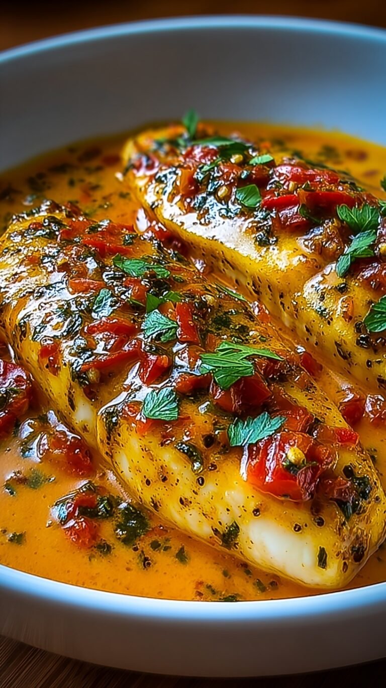 Pan-seared tilapia fillets served in a vibrant orange-red roasted pepper cream sauce garnished with fresh parsley