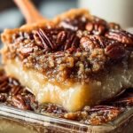A golden brown Pecan Pie Dump Cake in a glass baking dish with bubbling edges and toasted pecans.