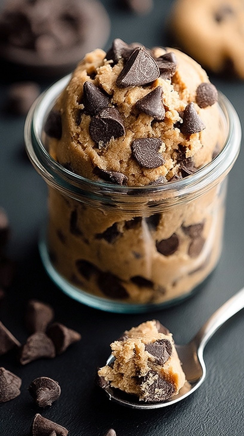 A bowl of high-protein edible cookie dough topped with sugar-free chocolate chips and a spoon.