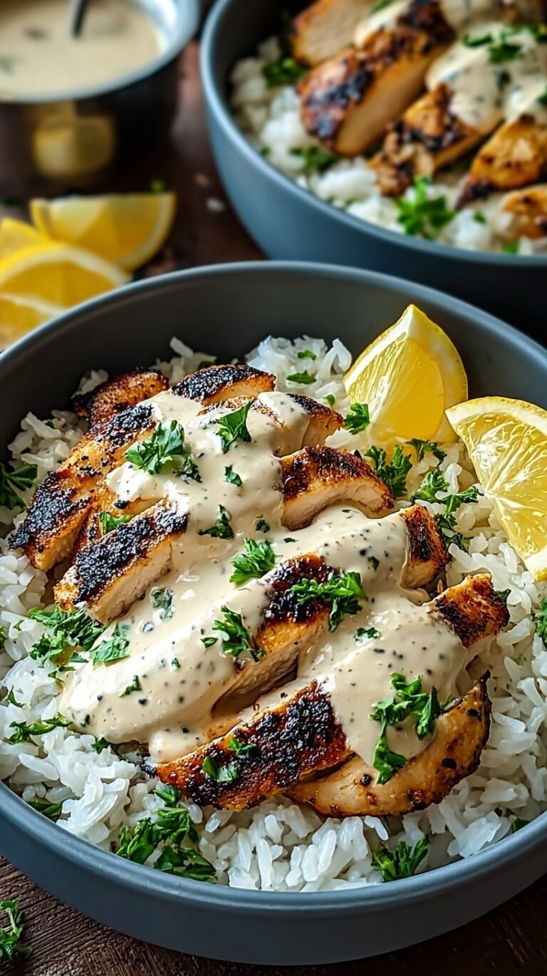 A bowl of fluffy jasmine rice topped with golden sautéed chicken and a rich, creamy white garlic sauce garnished with fresh parsley.