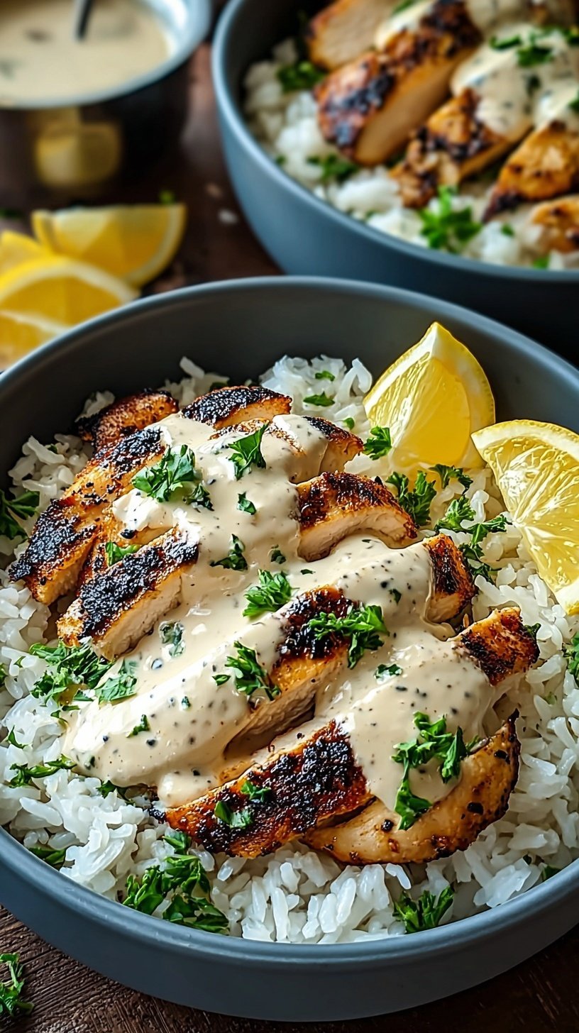 A bowl of fluffy jasmine rice topped with golden sautéed chicken and a rich, creamy white garlic sauce garnished with fresh parsley.