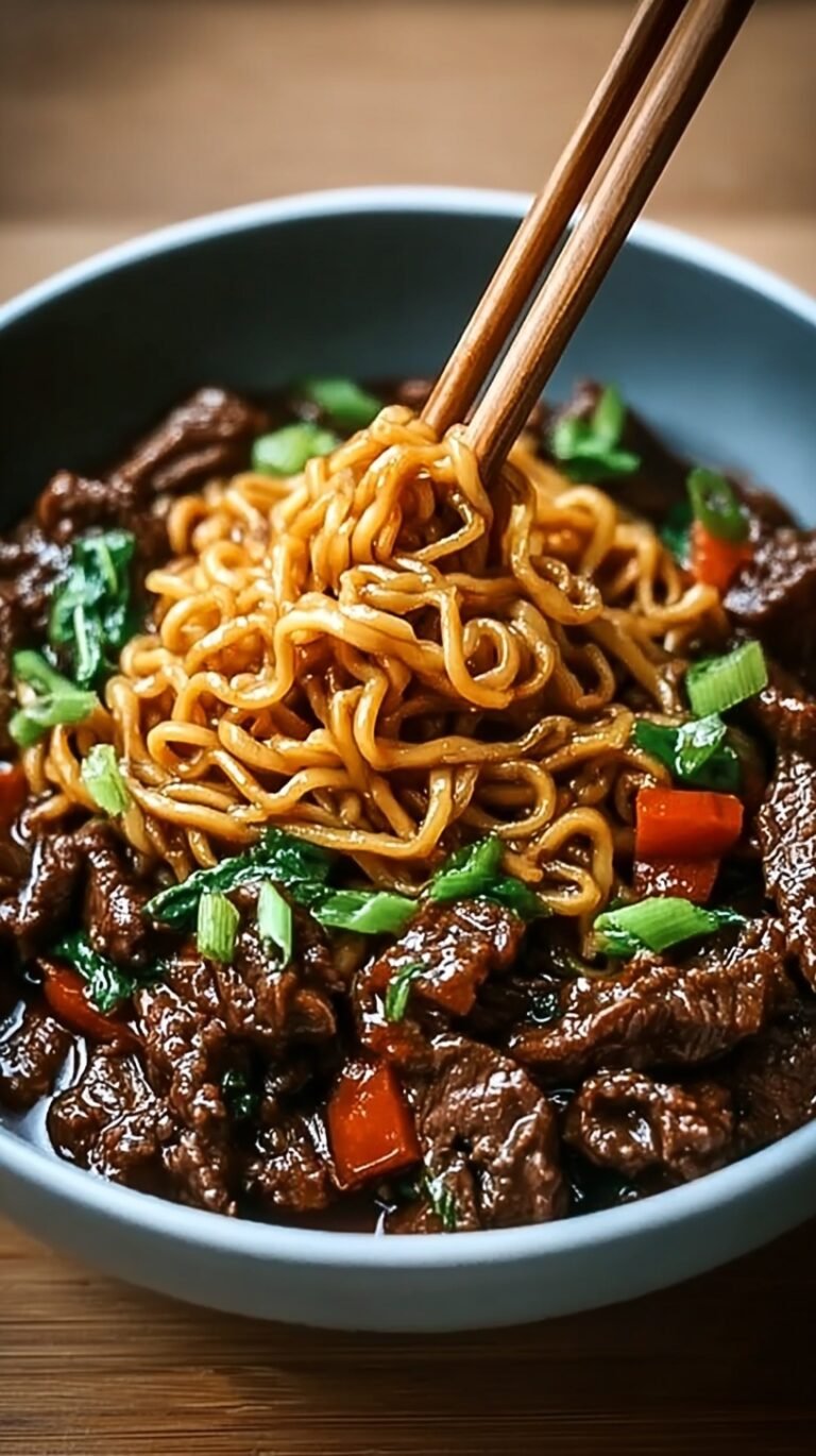 A steaming bowl of hoisin beef noodles with tender steak, broccoli, and red peppers