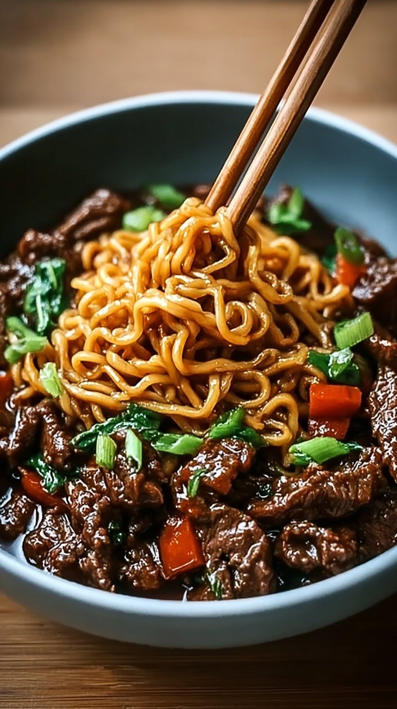 A steaming bowl of hoisin beef noodles with tender steak, broccoli, and red peppers