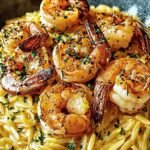 A skillet of creamy lemon garlic shrimp orzo garnished with fresh parsley and parmesan cheese