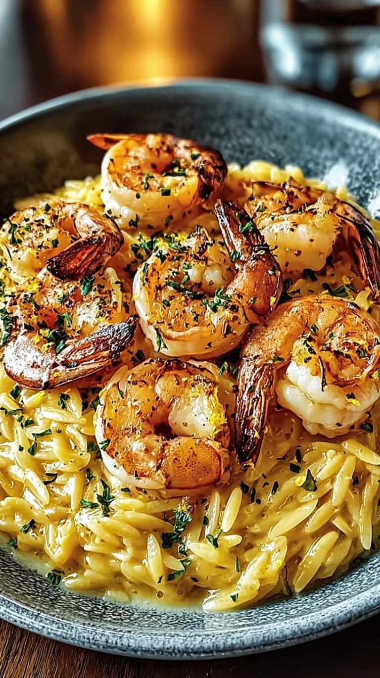 A skillet of creamy lemon garlic shrimp orzo garnished with fresh parsley and parmesan cheese
