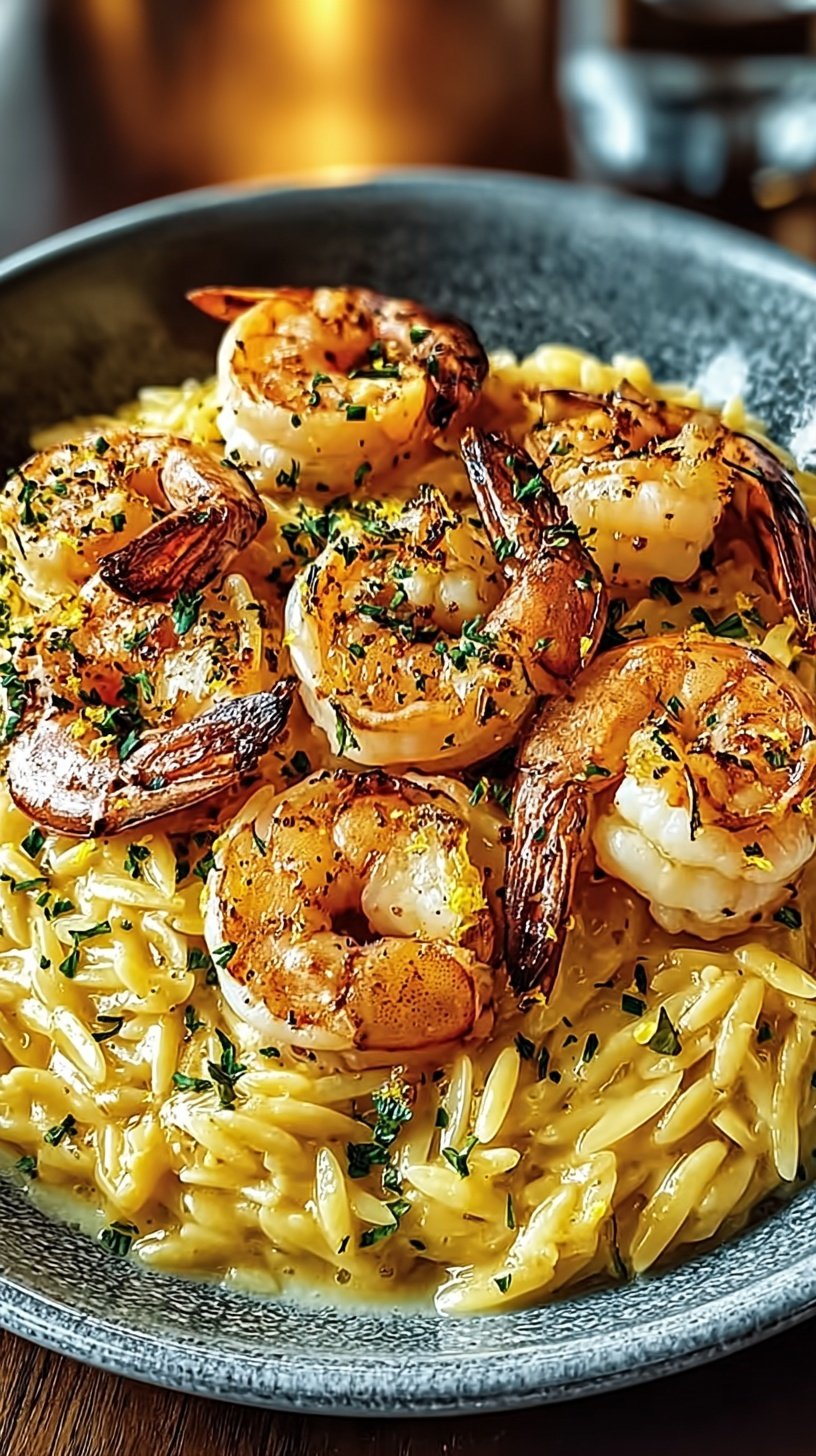 A skillet of creamy lemon garlic shrimp orzo garnished with fresh parsley and parmesan cheese
