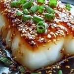 Pan-seared cod fillet glazed with a shiny ginger soy sauce and topped with green onions in a skillet.