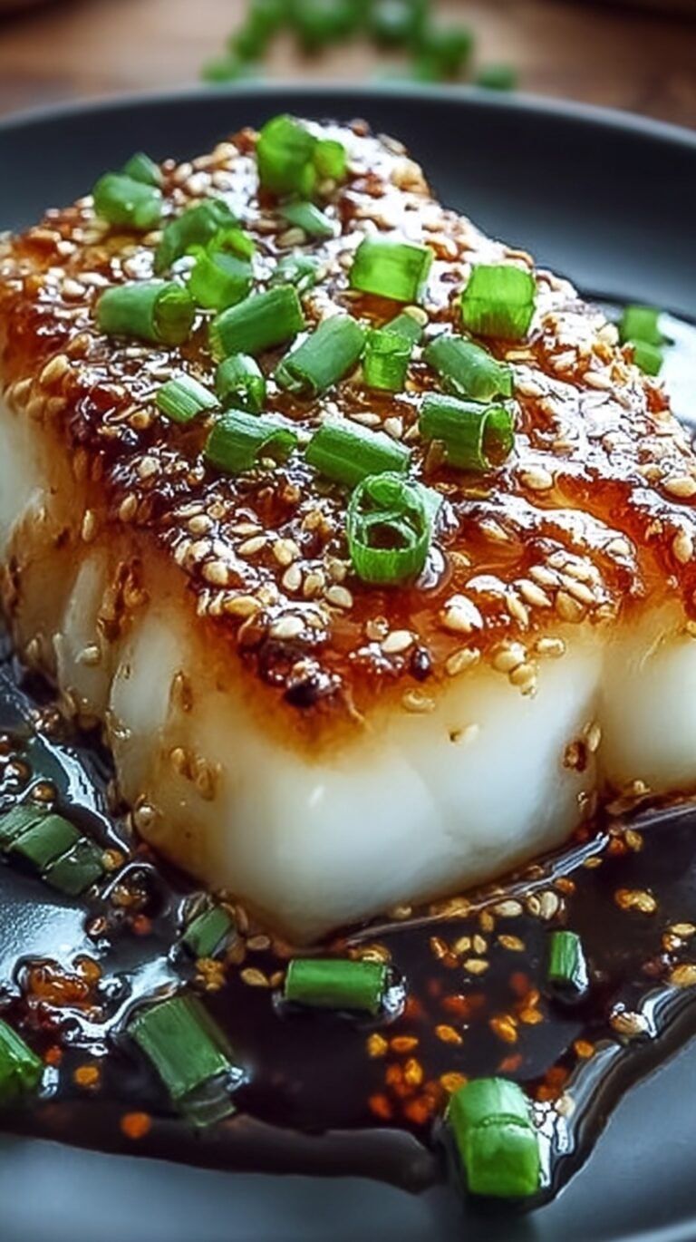 Pan-seared cod fillet glazed with a shiny ginger soy sauce and topped with green onions in a skillet.