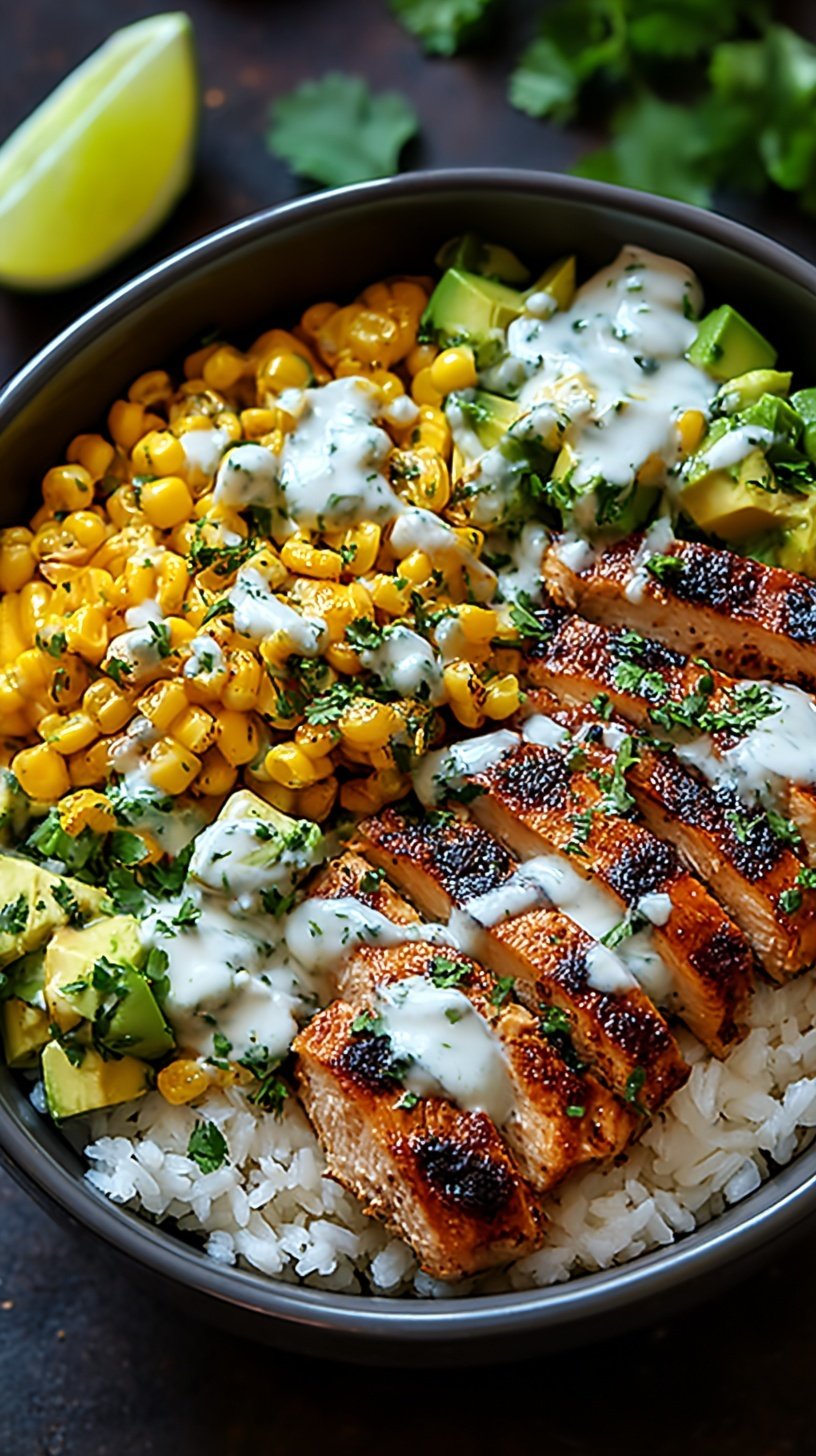 A vibrant rice bowl topped with spiced chicken, charred corn, cotija cheese, and avocado slices.