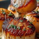 Golden brown seared scallops served over a vibrant orange Cajun cream sauce with red bell peppers and fresh parsley.