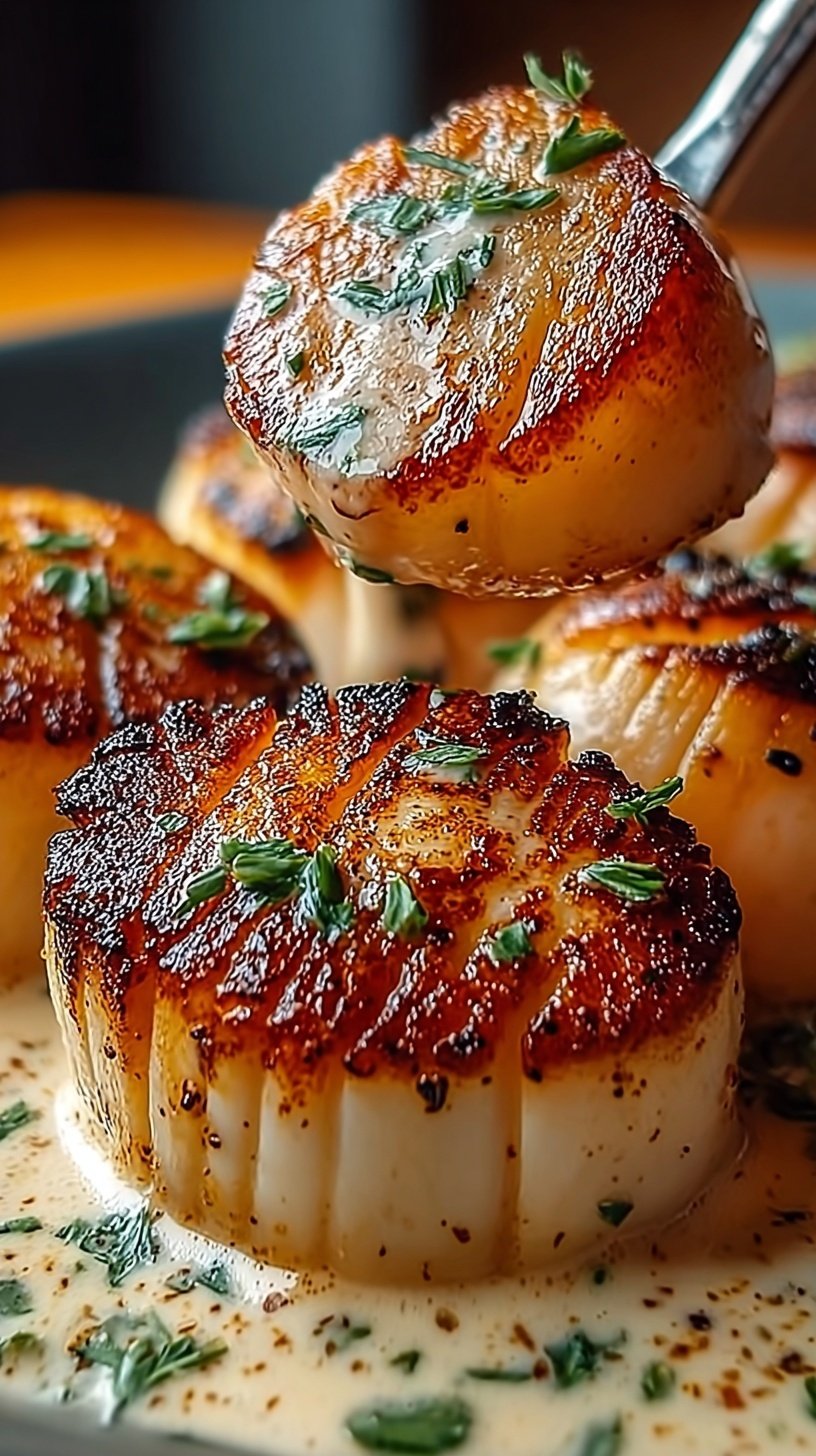 Golden brown seared scallops served over a vibrant orange Cajun cream sauce with red bell peppers and fresh parsley.