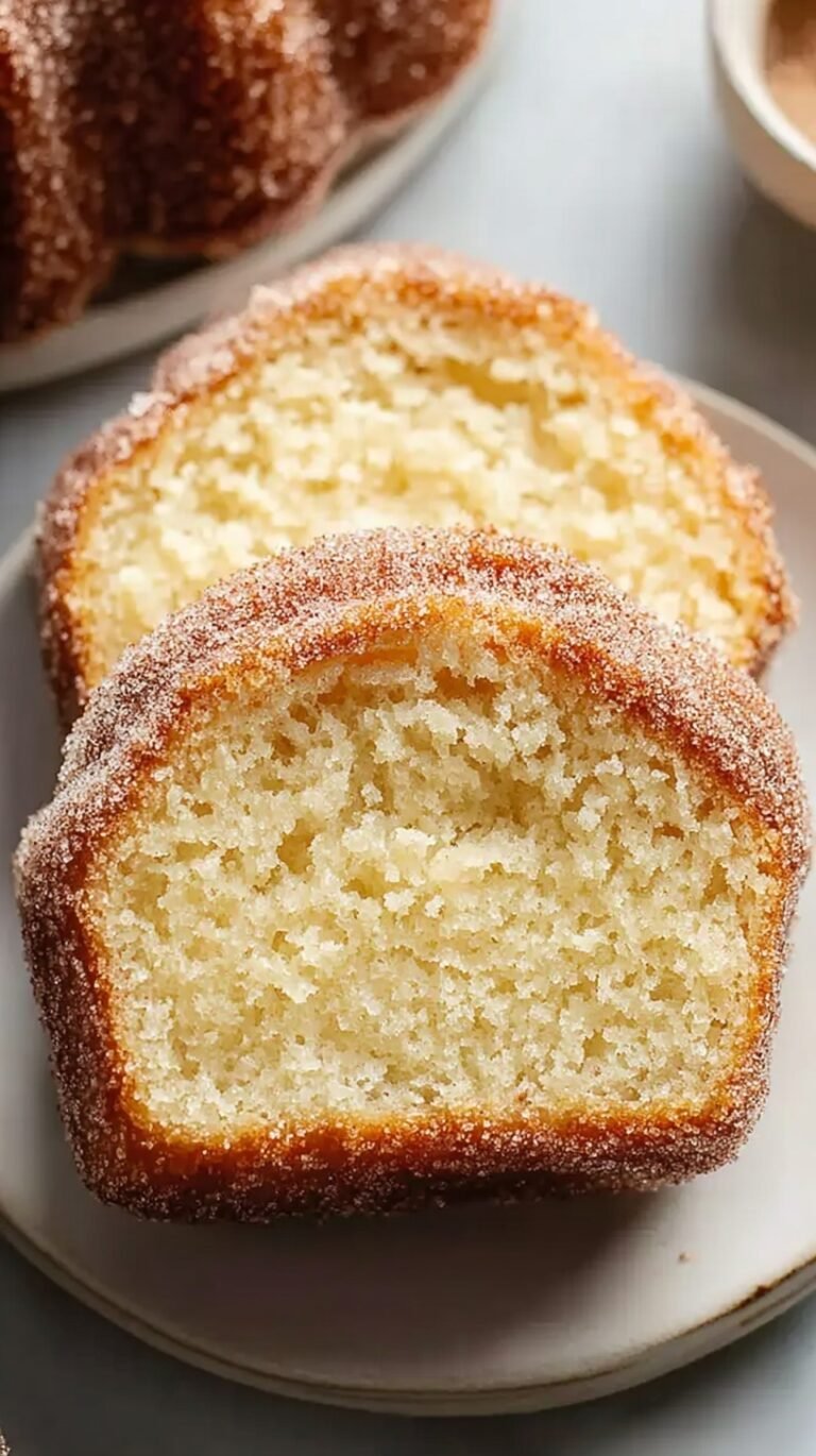A sliced loaf of cinnamon sugar donut bread showing a soft interior and sparkling sugar crust