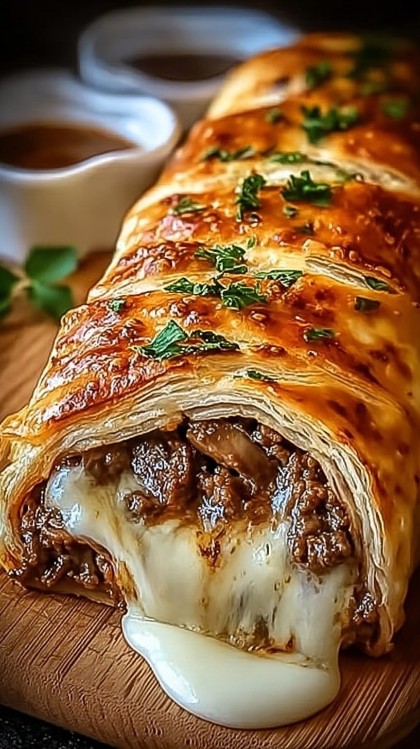 A golden brown baked stromboli sliced to reveal melted mozzarella cheese and thin steak strips.