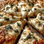 A golden brown cottage cheese pizza crust topped with melted mozzarella and fresh basil on parchment paper.