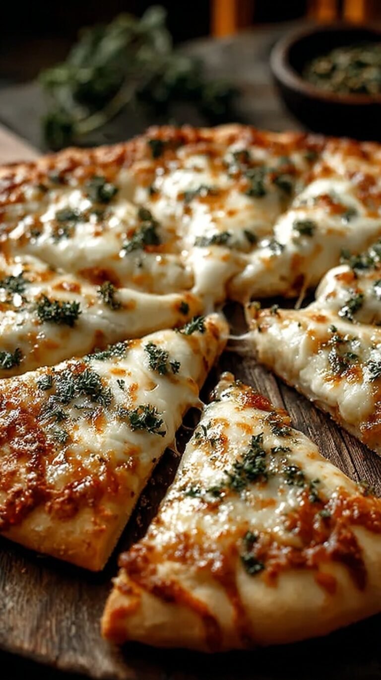 A golden brown cottage cheese pizza crust topped with melted mozzarella and fresh basil on parchment paper.