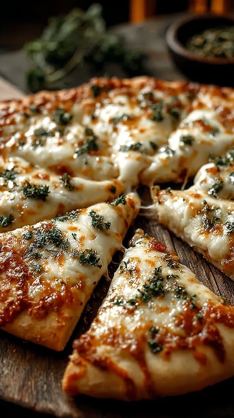 A golden brown cottage cheese pizza crust topped with melted mozzarella and fresh basil on parchment paper.