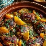 A golden Moroccan chicken and orange tagine in a heavy pot with green olives and cilantro garnish.