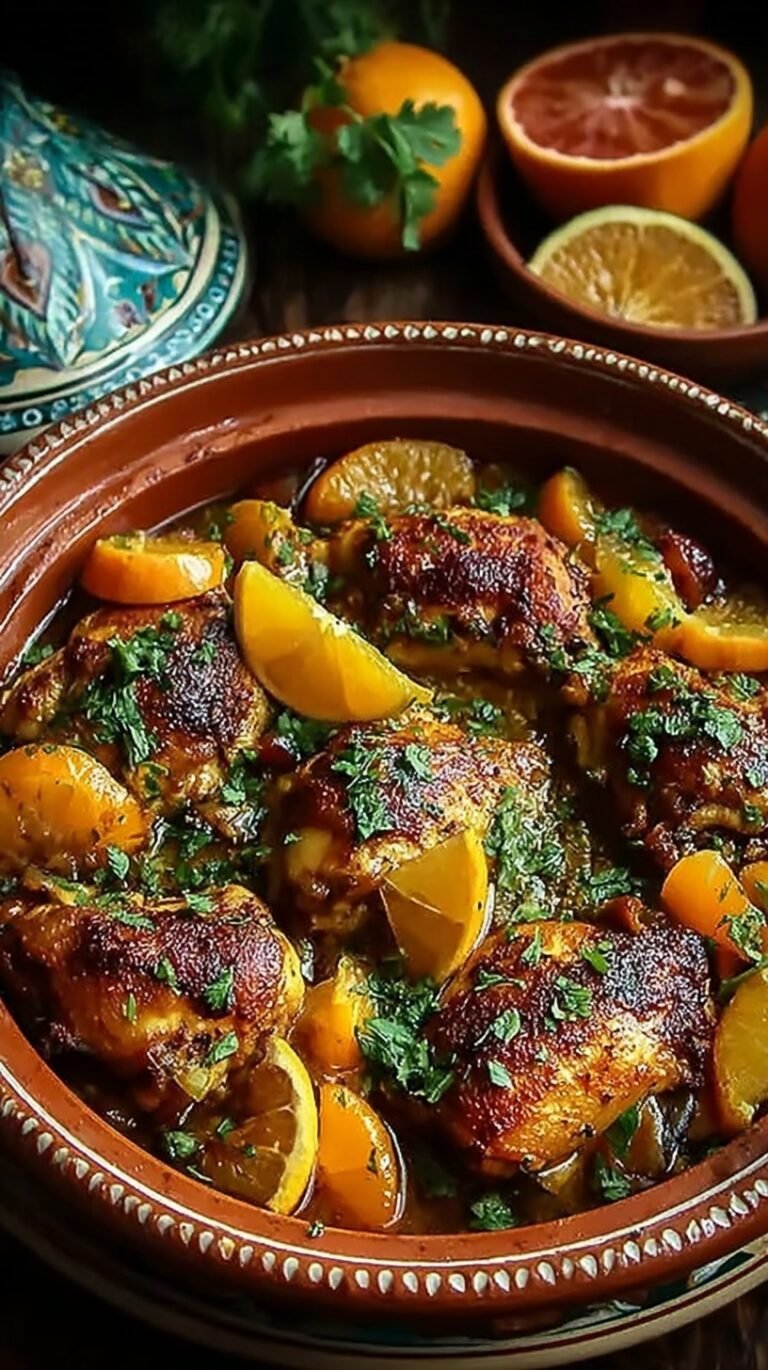 A golden Moroccan chicken and orange tagine in a heavy pot with green olives and cilantro garnish.