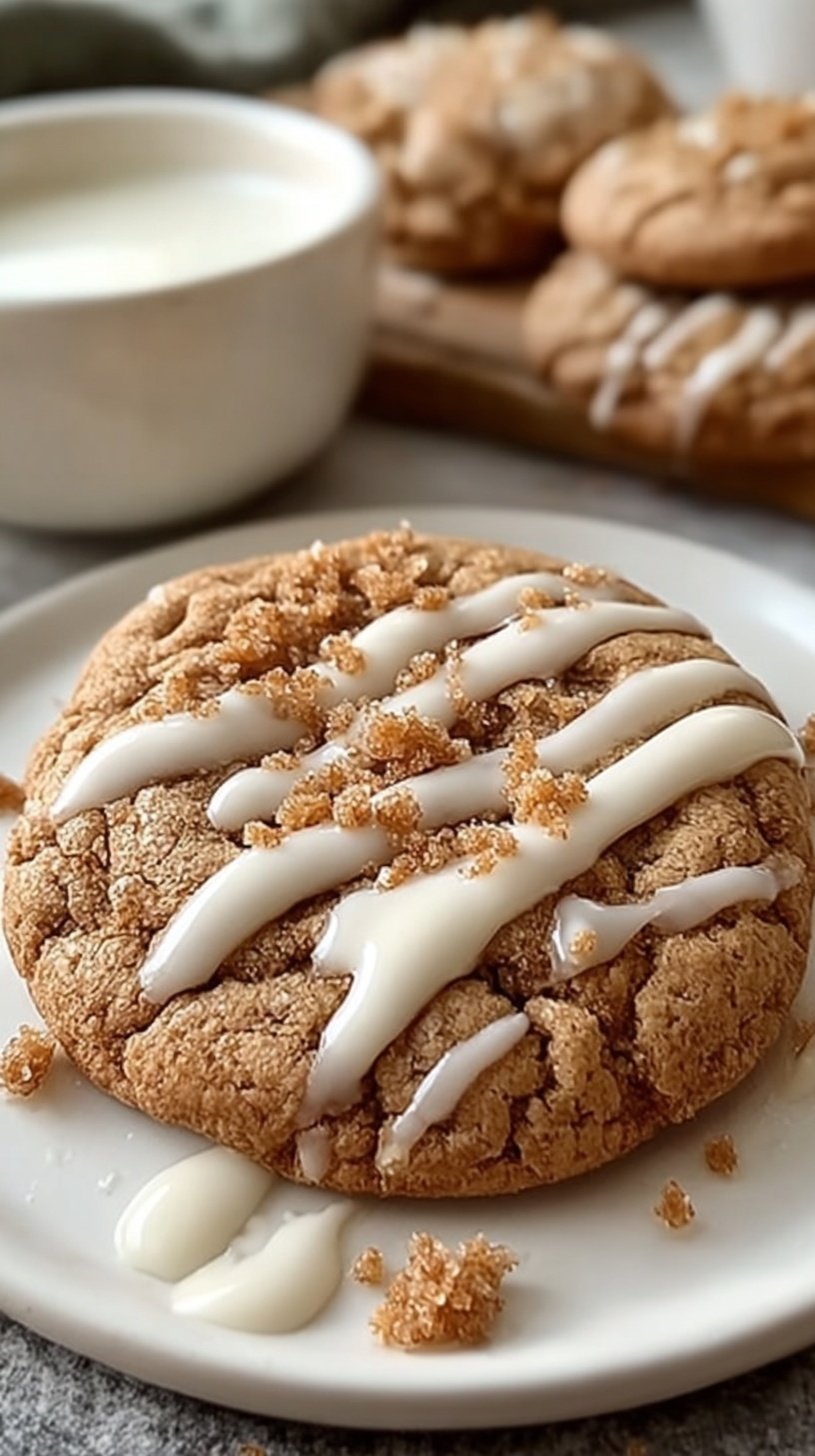 A stack of soft coffee cake cookies with cinnamon streusel and vanilla glaze drizzle