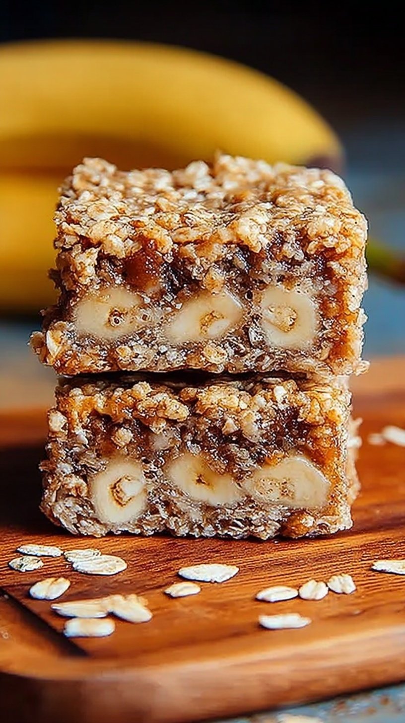 Golden brown banana oatmeal bars with dark chocolate chips on a cooling rack