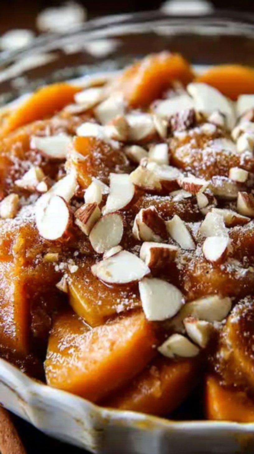 A ceramic baking dish filled with sliced sweet potatoes and apples in a honey glaze topped with pecans.