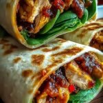 Fresh sweet chili chicken wraps sliced diagonally on a plate with crisp lettuce and peppers