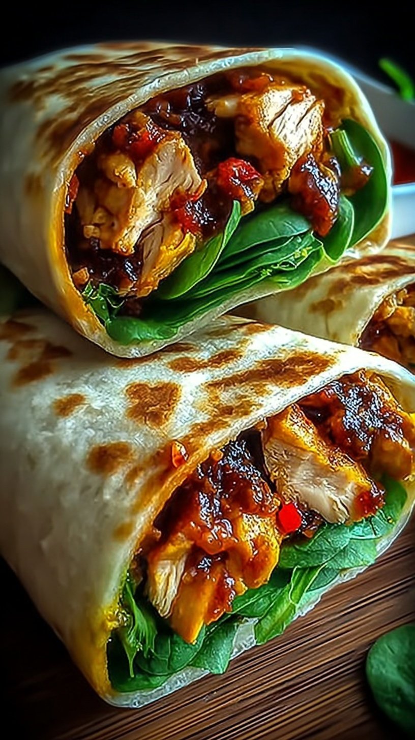 Fresh sweet chili chicken wraps sliced diagonally on a plate with crisp lettuce and peppers