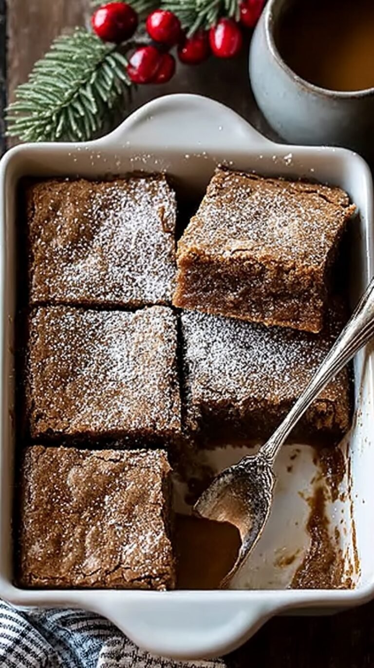A stack of gooey gingerbread brownies with chocolate chips on a wooden board
