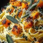 A bowl of rigatoni pasta with roasted butternut squash, crispy sage leaves, and grated parmesan cheese.