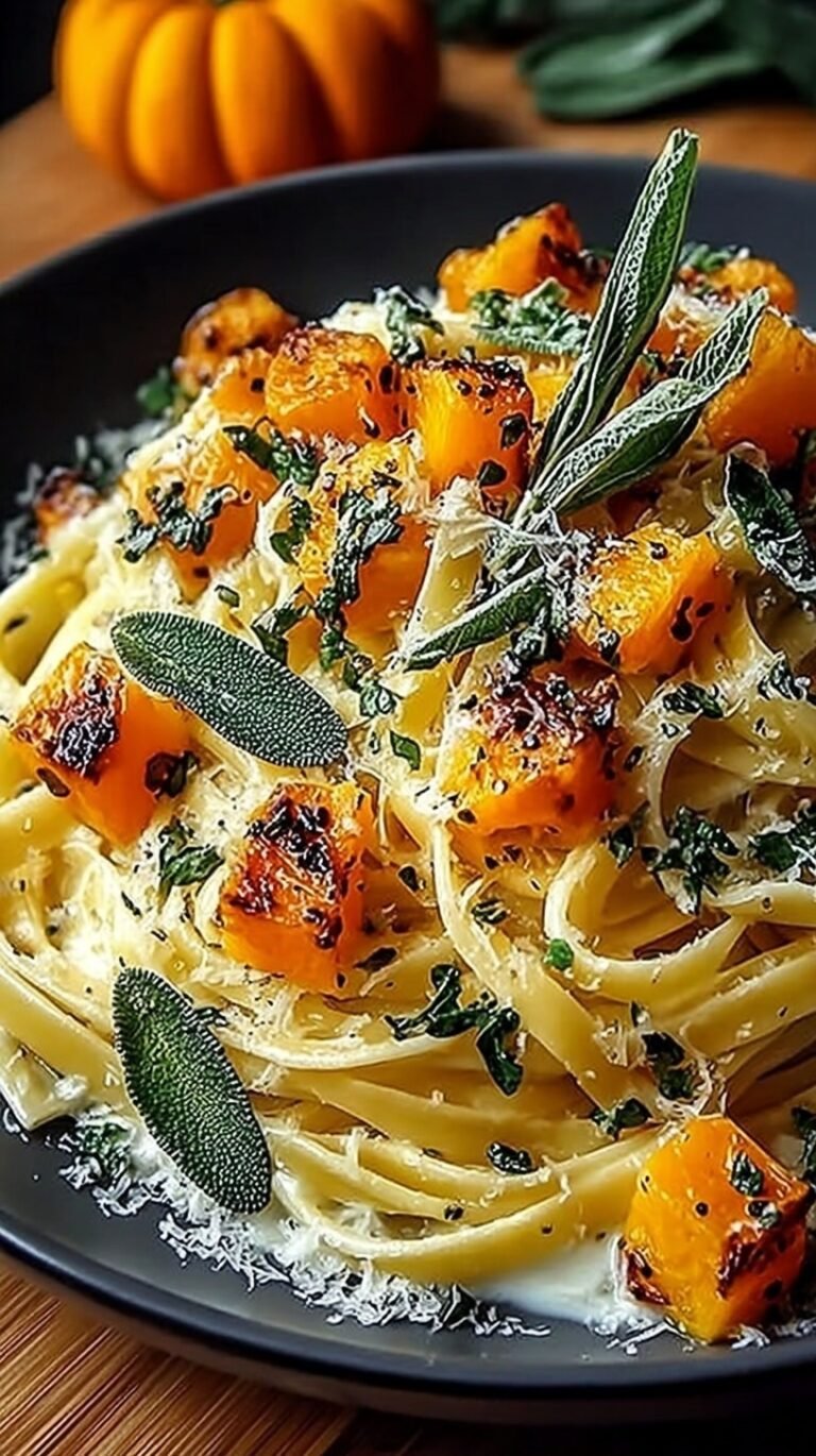 A bowl of rigatoni pasta with roasted butternut squash, crispy sage leaves, and grated parmesan cheese.